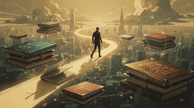 A single striking composition shaped by drift, during, explicitly, with visual cues of kept notes, stacked journals, net