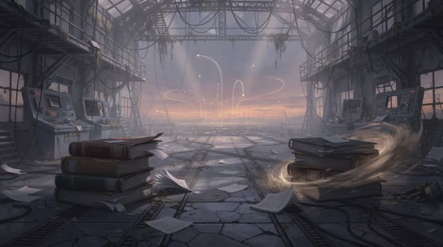 An atmospheric interior landscape shaped by loss, messaging, missing, with visual cues of control room, telemetry horizo
