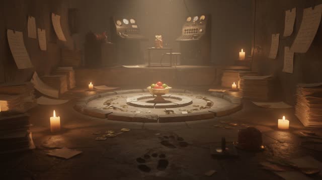 A single striking composition shaped by targets, task, treat, with visual cues of kept notes, watch floor, control room.