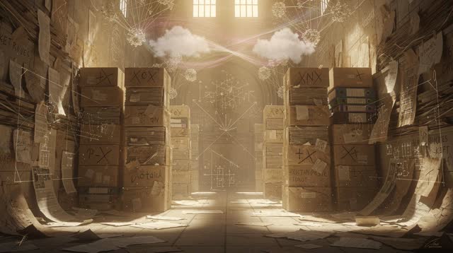 An atmospheric interior landscape shaped by real, bulky, canceled, with visual cues of kept notes, ghost diagrams, netwo