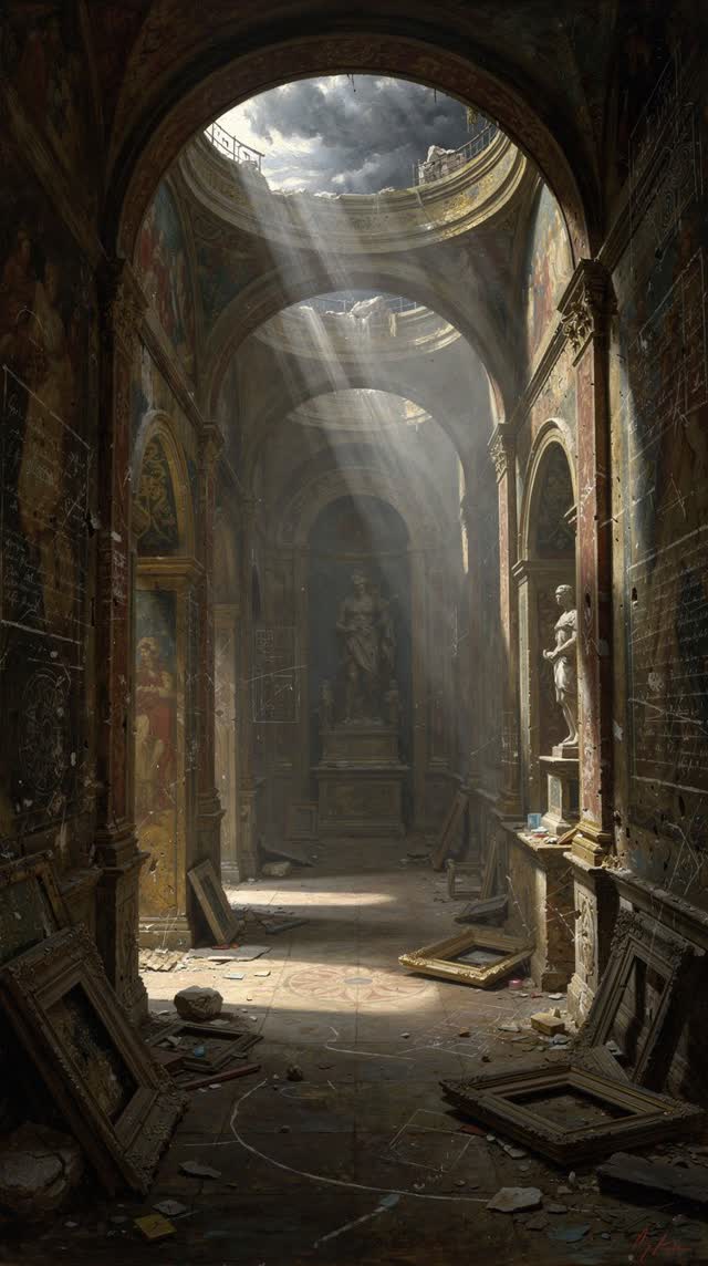 An atmospheric interior landscape shaped by portal, repeated, claiming, with visual cues of palimpsest walls, preserved