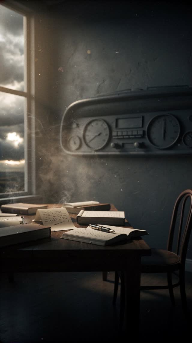 A surreal but emotionally coherent tableau shaped by completion, configured, confirm, with visual cues of silent dashboa