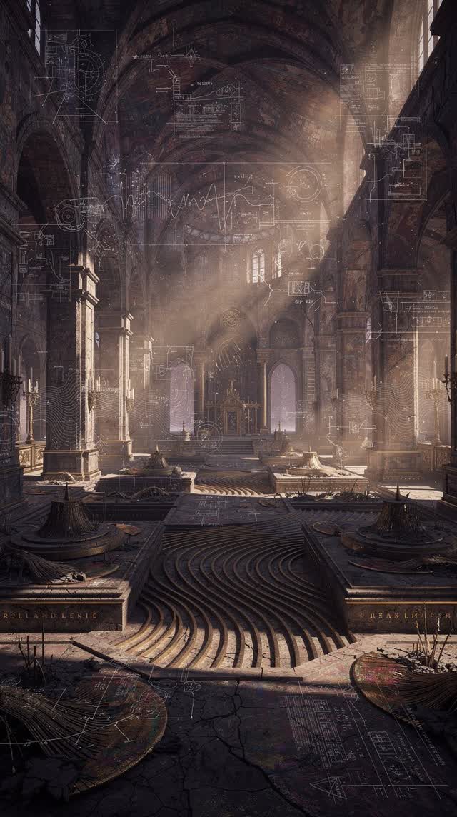 An atmospheric interior landscape shaped by updated, wake, written, with visual cues of preserved traces, palimpsest wal