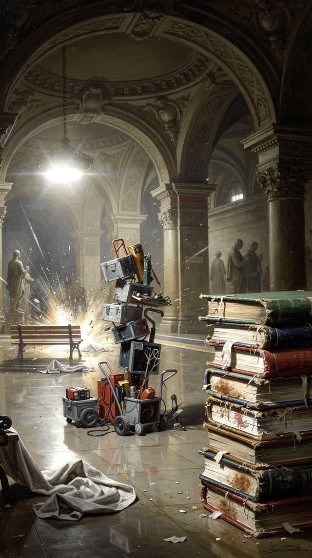 A surreal but emotionally coherent tableau shaped by maintenance, class, cleaned, with visual cues of after-action calm,