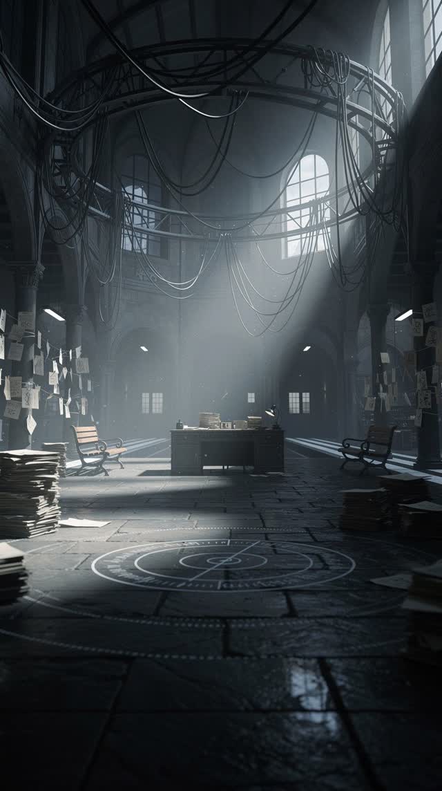 An atmospheric interior landscape shaped by telegram, wake-trigger, yiptrading, with visual cues of watch floor, empty s