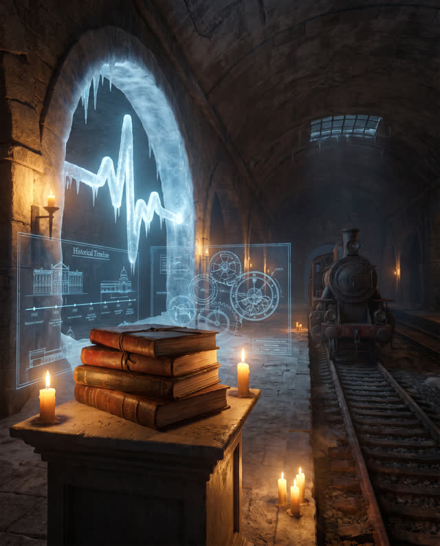 A single striking composition shaped by heartbeat, daily, historical, with visual cues of empty station, stacked journal