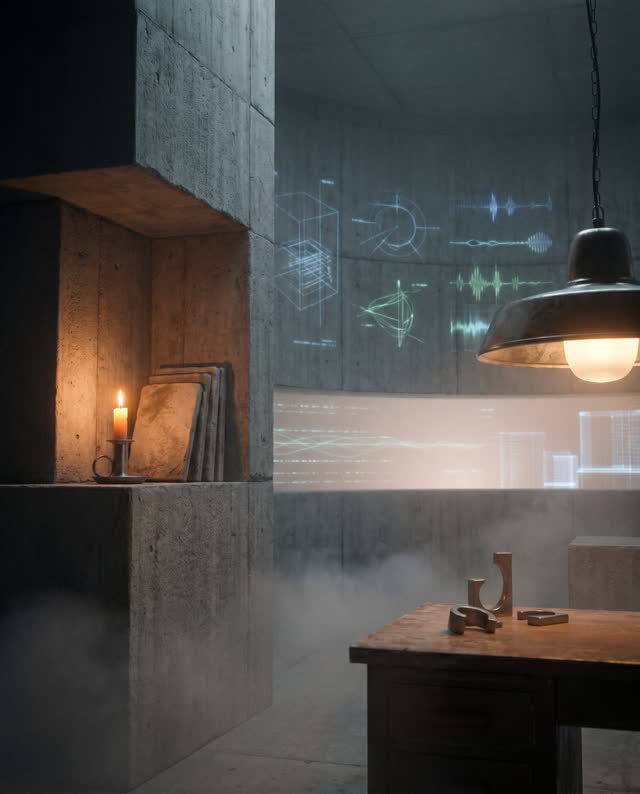 A symbolic cinematic scene shaped by admin, alive, archived, with visual cues of ghost diagrams, late lamp glow, telemet