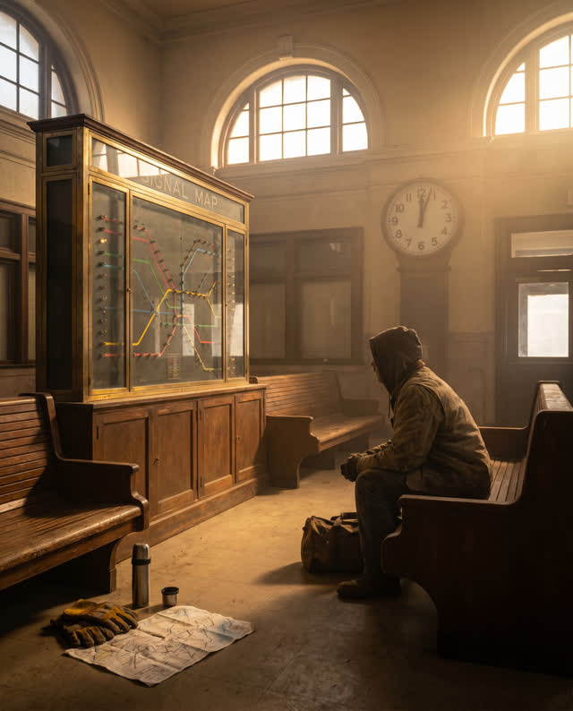 A single striking composition shaped by progress, home, internal, with visual cues of after-action calm, empty station,