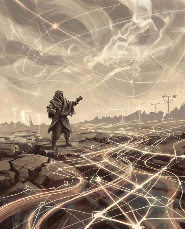 A symbolic cinematic scene shaped by quick, rather, re-read, with visual cues of signal map, telemetry horizon, network