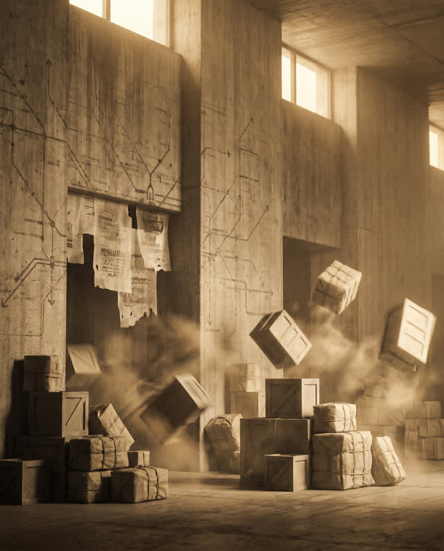 An atmospheric interior landscape shaped by completed, items, orders, with visual cues of signal map, palimpsest walls,