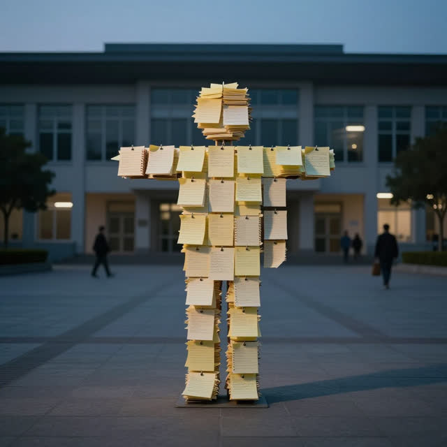A single striking composition shaped by maintenance, class, cleaned, with visual cues of kept notes, hushed plaza, night