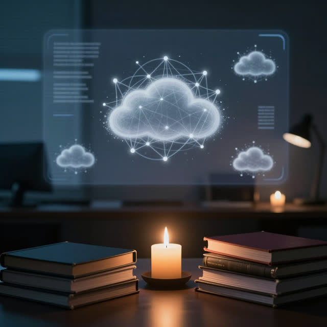 A symbolic cinematic scene shaped by contexts, continue, continuity, with visual cues of network weather, night office,