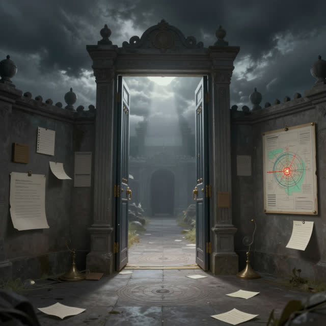A surreal but emotionally coherent tableau shaped by gates, gateway, guidance, with visual cues of watch floor, signal m