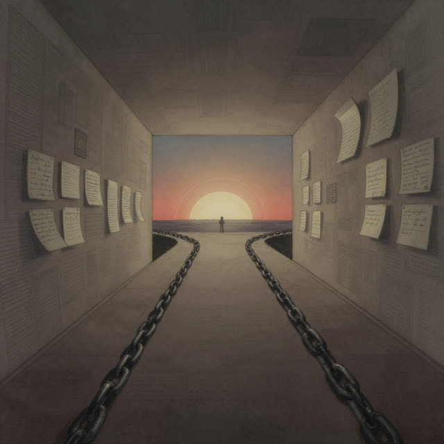 A symbolic cinematic scene shaped by channel, cautions, chain, with visual cues of telemetry horizon, palimpsest walls,