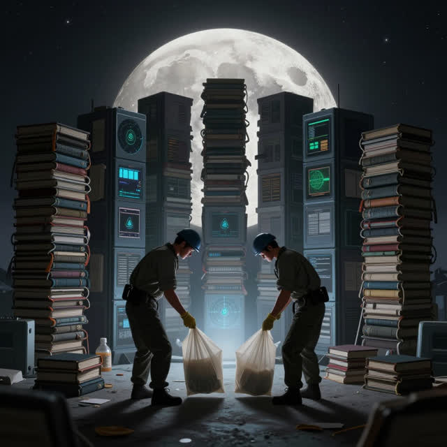A symbolic cinematic scene shaped by cleanup, clearly, clone, with visual cues of echo archive, stacked journals, teleme