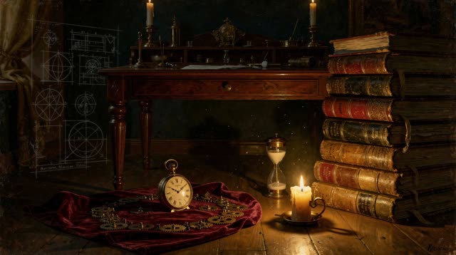 A symbolic cinematic scene shaped by completion, configured, confirm, with visual cues of watch floor, stacked journals,