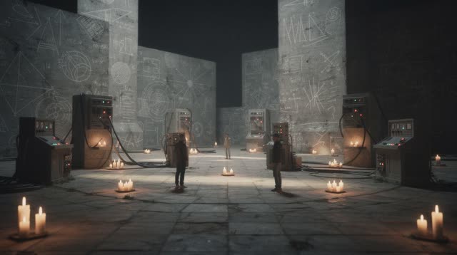 A surreal but emotionally coherent tableau shaped by model, moved, outside, with visual cues of hushed plaza, control ro