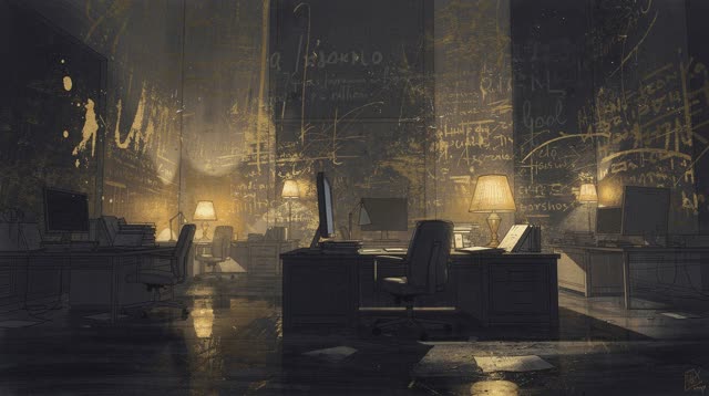 An atmospheric interior landscape shaped by updated, wake, written, with visual cues of late lamp glow, night office, pa