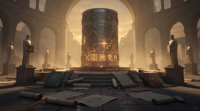A single striking composition shaped by canned, canonical, canonical-truth, with visual cues of kept notes, hushed plaza