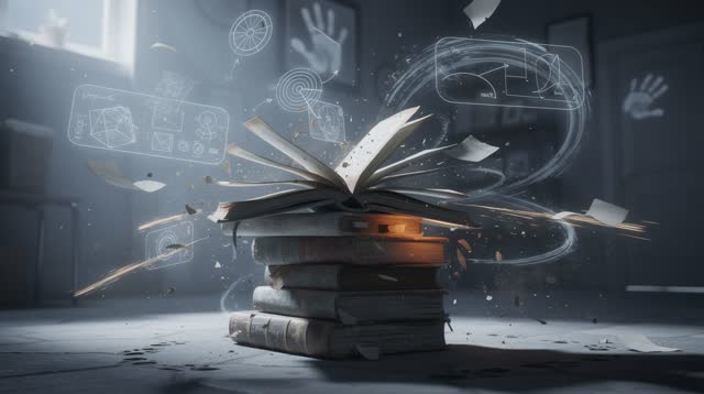 A surreal but emotionally coherent tableau shaped by bravo, memory, todo, with visual cues of stacked journals, ghost di