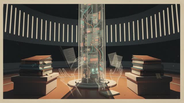 A single striking composition shaped by contexts, continue, continuity, with visual cues of switchboard glow, preserved
