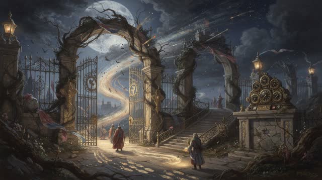 A surreal but emotionally coherent tableau shaped by gates, gateway, guidance, with visual cues of preserved traces, sil