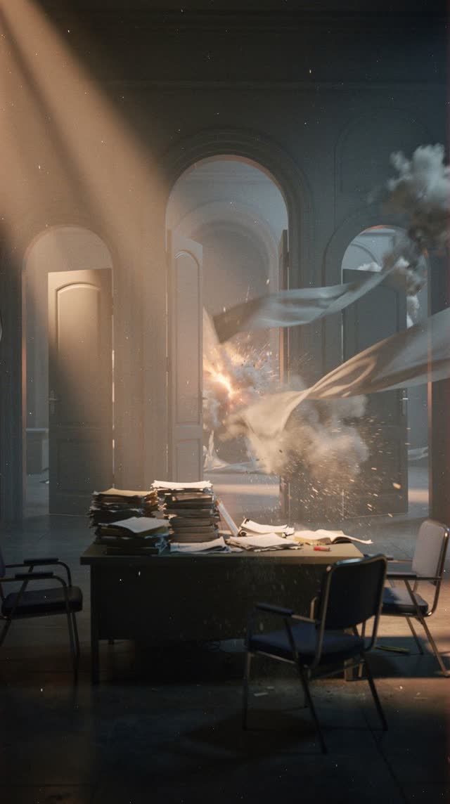 A symbolic cinematic scene shaped by gates, gateway, guidance, with visual cues of control room, kept notes, after-actio