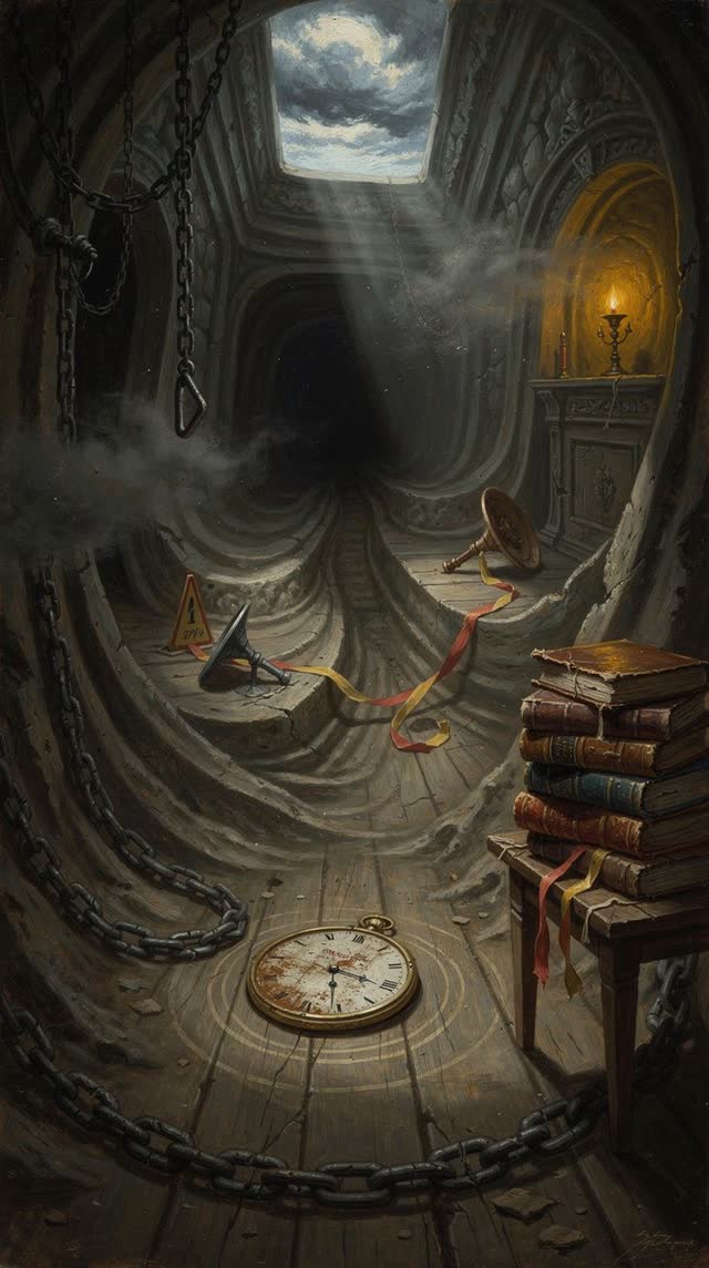 An atmospheric interior landscape shaped by channel, cautions, chain, with visual cues of watch floor, late lamp glow, s