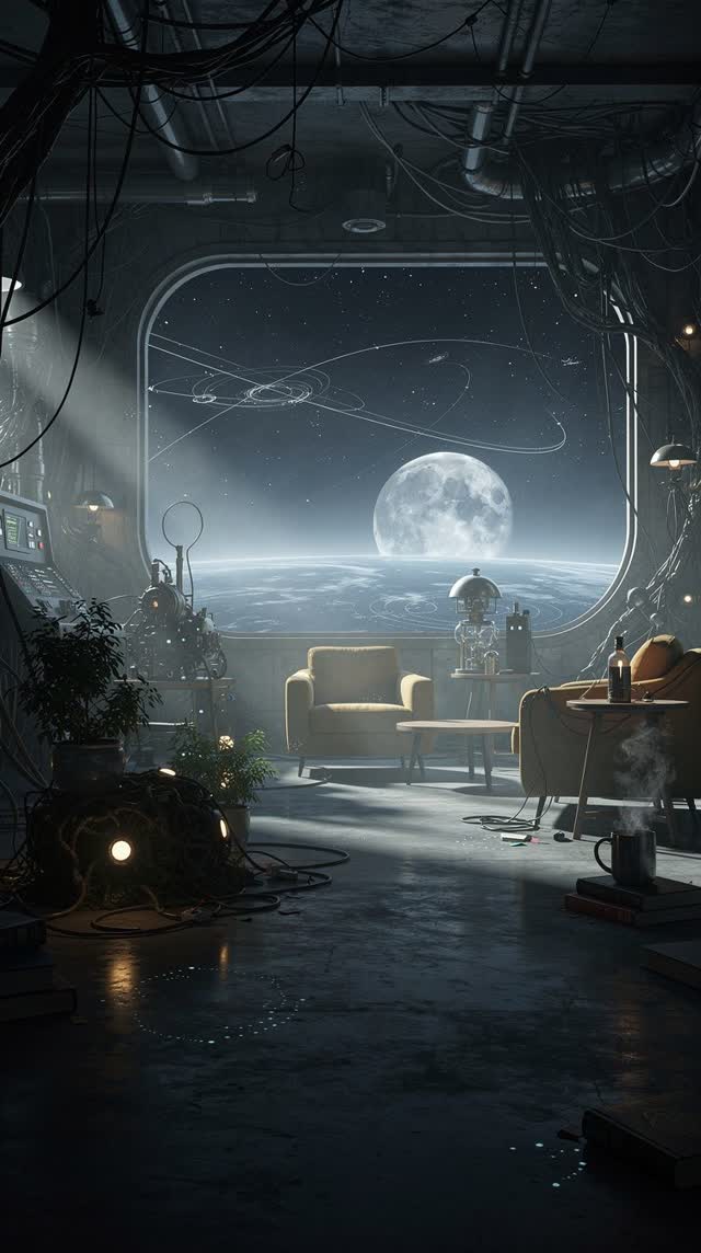 A surreal but emotionally coherent tableau shaped by progress, home, internal, with visual cues of network weather, tele