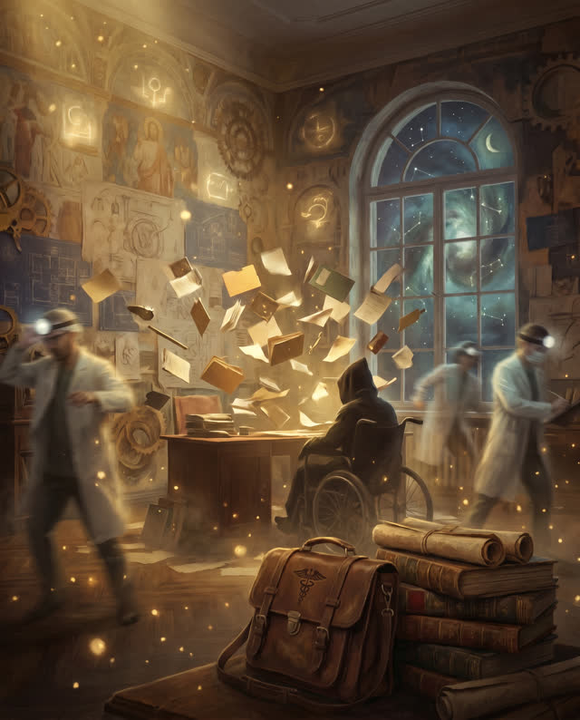 A surreal but emotionally coherent tableau shaped by details, disabled, docs, with visual cues of night office, palimpse