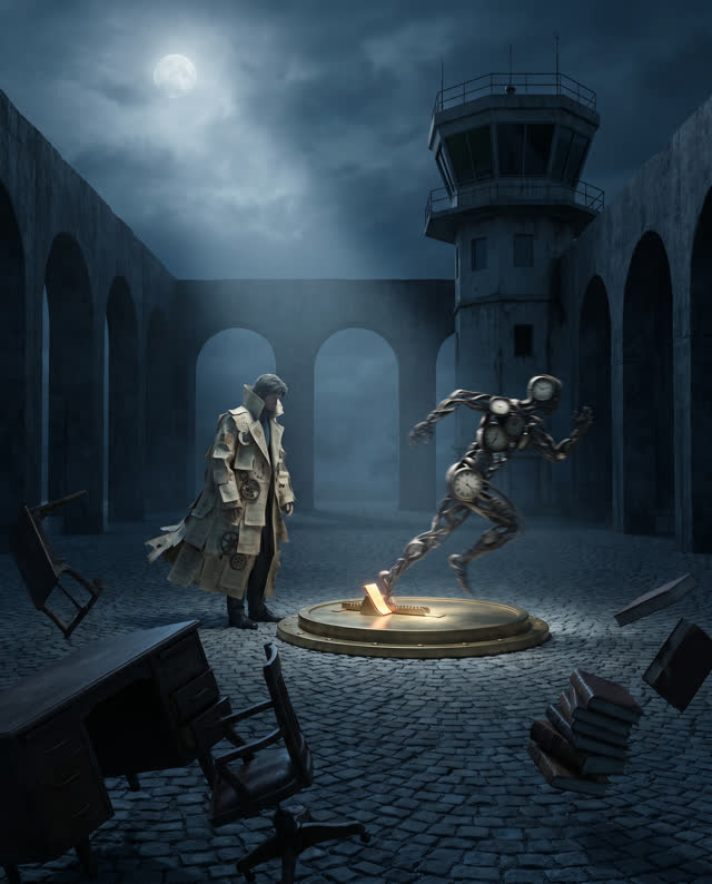 A surreal but emotionally coherent tableau shaped by resume, running, started, with visual cues of hushed plaza, control