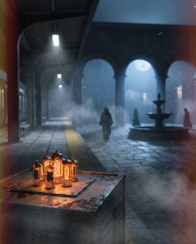 A surreal but emotionally coherent tableau shaped by behavior, both, broad, with visual cues of empty station, switchboa