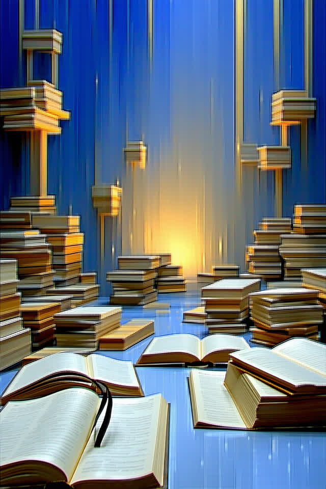 A surreal but emotionally coherent tableau shaped by loss, messaging, missing, with visual cues of stacked journals, wat