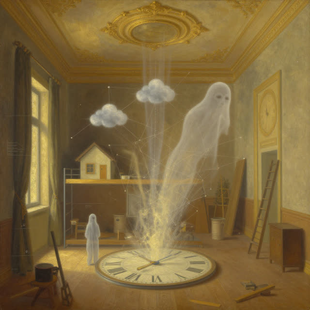 An atmospheric interior landscape shaped by progress, home, internal, with visual cues of network weather, ghost diagram