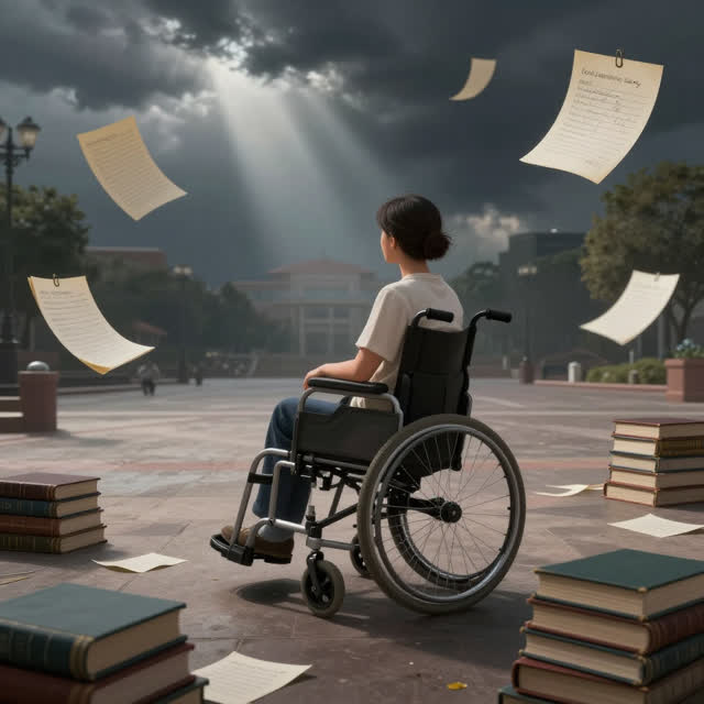 An atmospheric interior landscape shaped by details, disabled, docs, with visual cues of hushed plaza, kept notes, stack