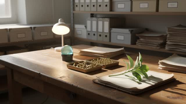 A lucid self-portrait of a repaired mind as a sunlit public records workshop: one worn wood workbench centered in crisp