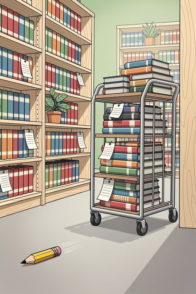 A bright branch-library aisle where a return cart seems to have developed polite opinions: books are silently sorted int