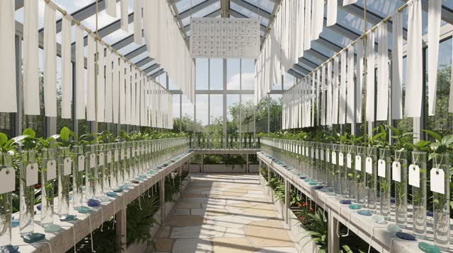 An inviting dream in a daylight conservatory lab: plant cuttings, glass water tubes, blank plant tags, tiny sea-glass si