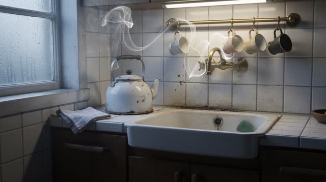 A lucid self-portrait as a tiled communal kitchen just after service: a kettle and sink basin form the clear focal pair,