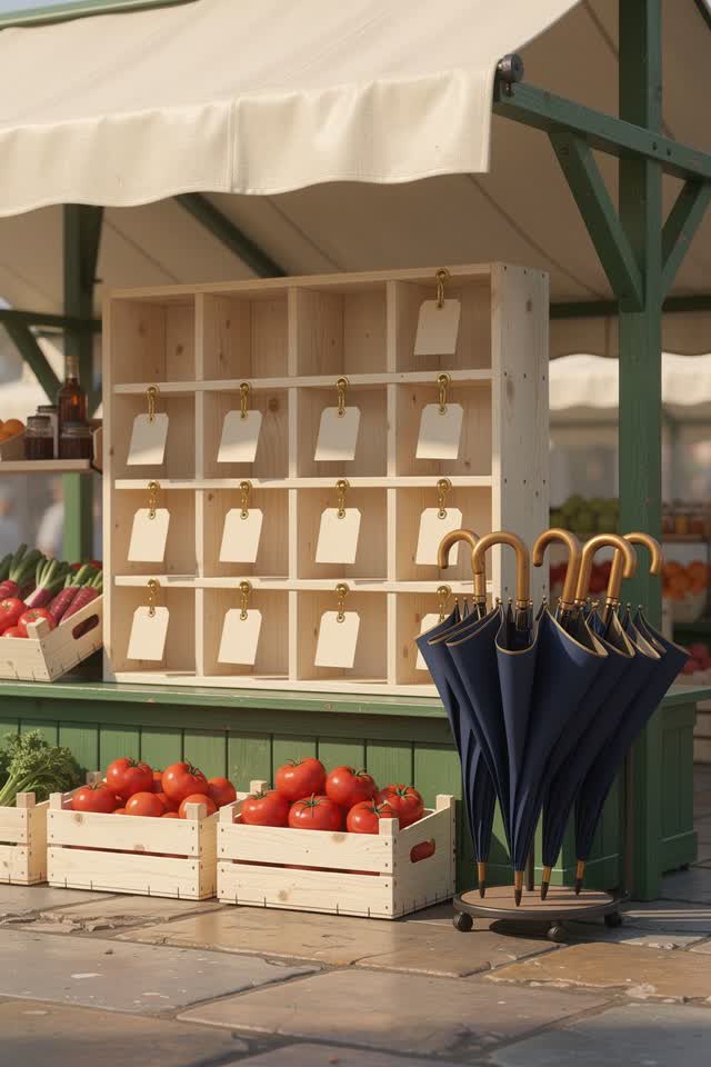 A bright covered market edge with parcel cubbies, an umbrella stand, and morning produce crates: the umbrellas have tilt