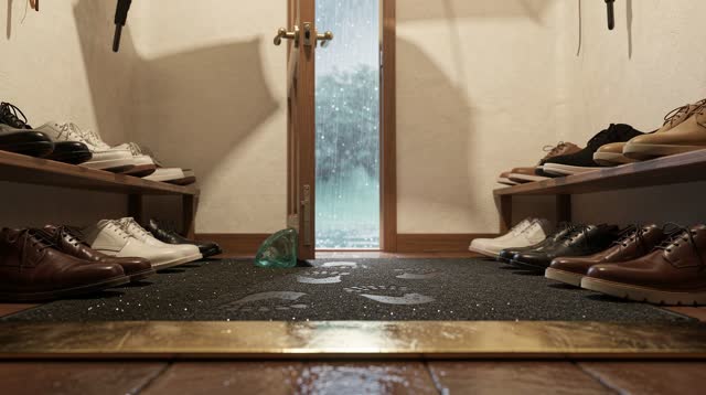 An inviting dream in a quiet shoe-room threshold after rain: paired shoes on low shelves and wet mats subtly orient towa