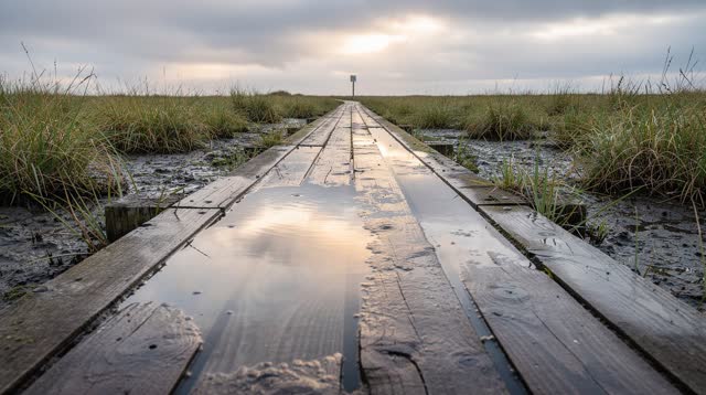 A lucid open-air self-portrait on a salt-marsh boardwalk after rain, seen from a low puddle-level angle: shallow puddles