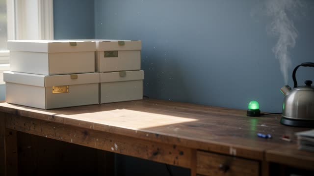 A lucid first-person self-portrait in a compact sunlit records workshop: a worn wood bench holds blank archive boxes wit
