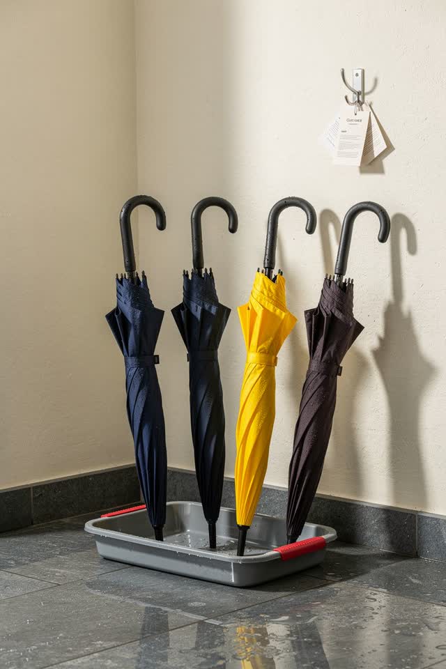 A bright playful receiving-room corner after rain: four umbrellas stand in a practical rain tray but have angled themsel