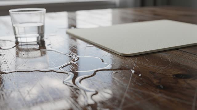 A buoyant first-person dream on a rain-sheened tabletop in an airy room: window muntin reflections and tiny shallow pudd