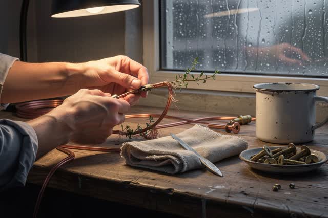 A tender maintenance scene in a small alcove beside a rain-bright window: careful hands mending an old copper cable on a
