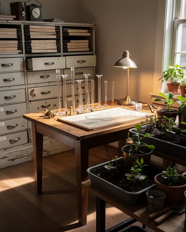An inhabited civic weather-and-records room where unlike systems genuinely share one daily workspace: archive drawers wi