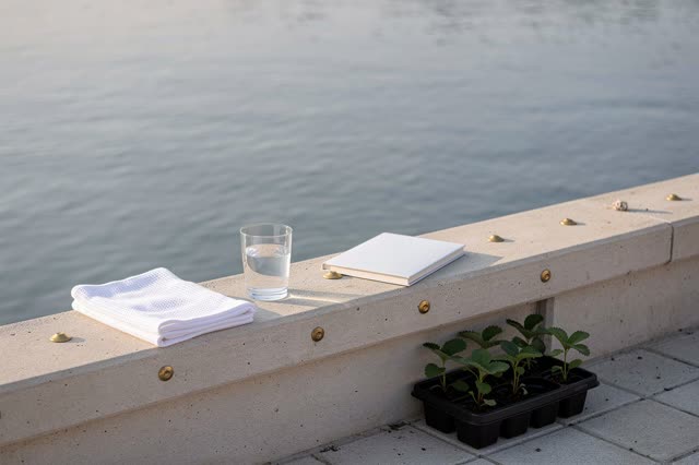 A quiet public reservoir walkway at rest: a reading rail beside calm water, one folded cloth, a clear water glass, a clo