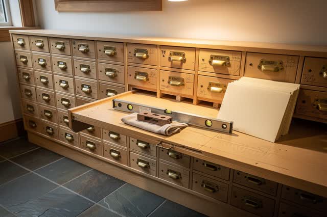 A tender repair scene in a compact neighborhood mailroom: a slightly sagging sorting shelf is being leveled with a small