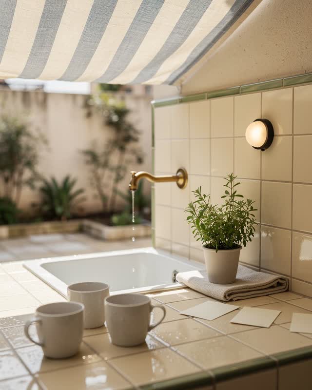 An integrated shared courtyard utility sink under a striped awning: folded cloth, herb cuttings in a cup, rinsed white c